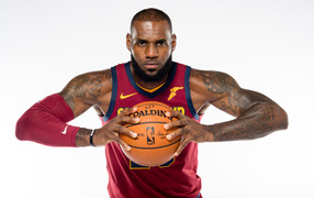 Basketball player LeBron James with a ball in his hands on a gray background