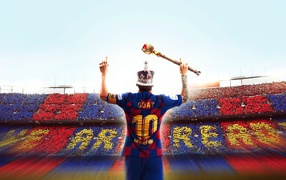 Футболист Лионель Месси в короне со скипетром на стадионе