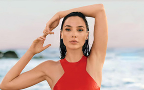 Нежная женщина, актриса Галь Гадот на фоне океана