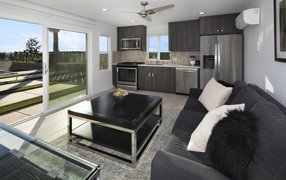 Большая гостиная комната в темных тонах