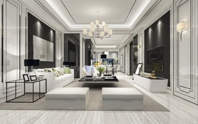 Large spacious living room with white leather furniture