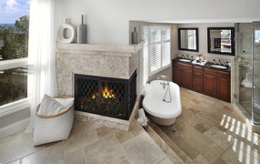 Современная квартира с просторной ванной и камином