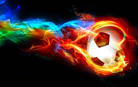 Soccer ball with fiery neon fire on a black background