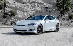 Белый автомобиль  Tesla Model S Performance, 2020 года в горах