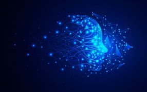 Неоновое лицо с точками на синем фоне 