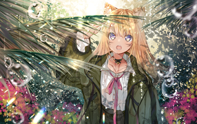 Аниме девушка в зеленых листьях папоротника