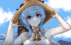 Anime girl with blue hair wearing a hat