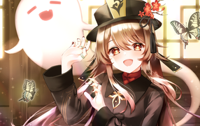 Девушка аниме с бабочками и приведением 