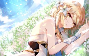 Красивая девушка аниме с цветами в волосах