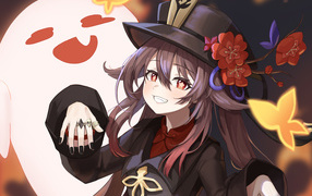 Улыбающаяся девушка аниме в черной шляпе
