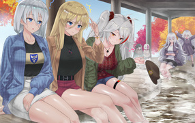 Три девушки у фонтана аниме  Azur Lane
