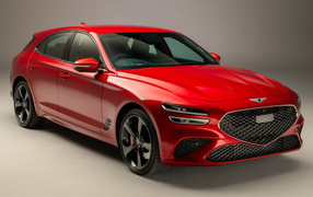 Красный Genesis G70 2.0T Shooting Brake 2021 года на сером фоне