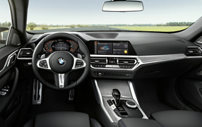 The black interior of the 2021 BMW M440i XDrive Gran Coupé