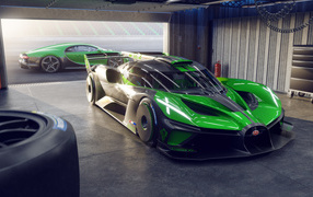Green 2022 Bugatti Bolide race car in garage