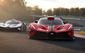 Красный Bugatti Bolide 2022  года на гоночной трассе
