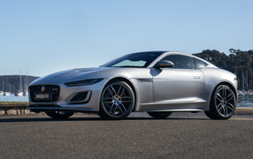 Silver Jaguar F-Type P380 by the water