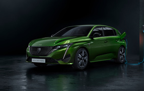 Зеленый автомобиль Peugeot 308, 2021 года на заправке