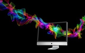 Компьютер с неоновыми волнами на черном фоне 