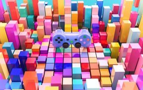 Игровой пульт от приставки Playstation на фоне четырехугольников 