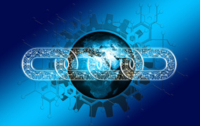 Информационная цепь с планетой земля на синем фоне 