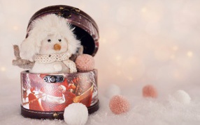 Маленький снеговик сидит в шкатулке 
