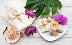 Соль, полотенца, листья и цветы для СПА