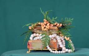 Шкатулка с бусами из жемчуга на зеленом фоне 