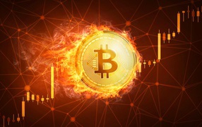 Fiery bitcoin coin on grid background