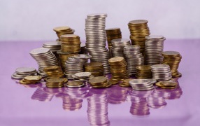 Many coins are reflected in the mirror surface