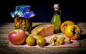 Bread with fruits on the table with jam and nuts