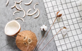 Кокос с веточками льна на столе 