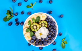 Хлопья с кусочками банана, черникой и киви на голубом фоне 