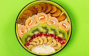 Мармелад с фруктами и мюсли в тарелке