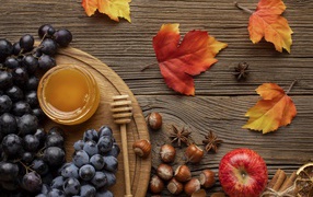 Мед на столе с виноградом, орехами и яблоками