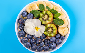 Овсянка с киви, бананами и киви на голубом фоне 