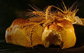 Fresh bread with ears of wheat on the table