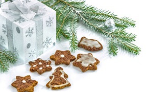 Вкусное печенье с еловой веткой и подарком на белом фоне 