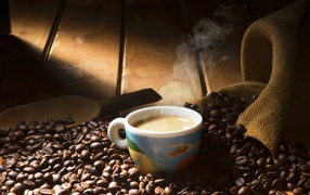 Чашка горячего кофе стоит на зернах