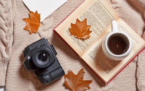 Book with a cup of tea and a camera on a warm jacket