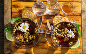 Две чашки чая с ромашкой на столе с медом