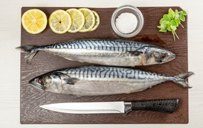 Две свежие скумбрии на доске с лимоном 