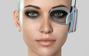 3d cyborg girl face on gray background