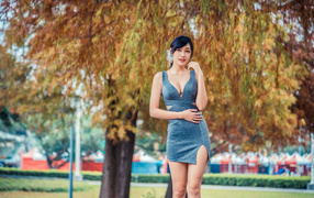 Девушка в сером коротком платье в осеннем парке