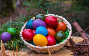 A basket of brightly colored eggs for the great holiday of Easter