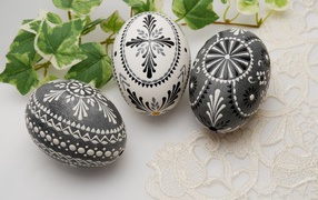 Beautiful eggs with an ornament on the table for the Great Bright holiday Easter 2021