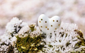 Porcelain heart on moss in the snow