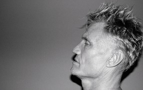 Лицо актера Дольфа Лундгрена боком на сером фоне