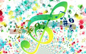 Разноцветный нотный ряд на белом фоне с пятнами 