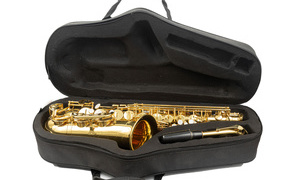 Саксофон в черном чехле на белом фоне
