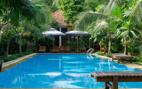 Бассейн с голубой водой у дома под пальмами